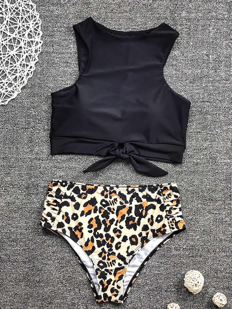 Kvinder Leopard Med Tryk Tie Front High Neck Hot High Waist Bikini