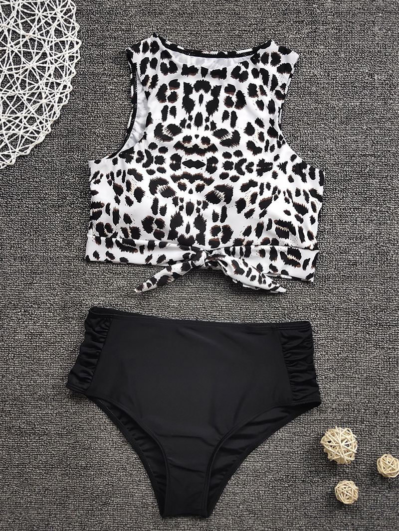 Kvinder Leopard Med Tryk Tie Front High Neck Hot High Waist Bikini