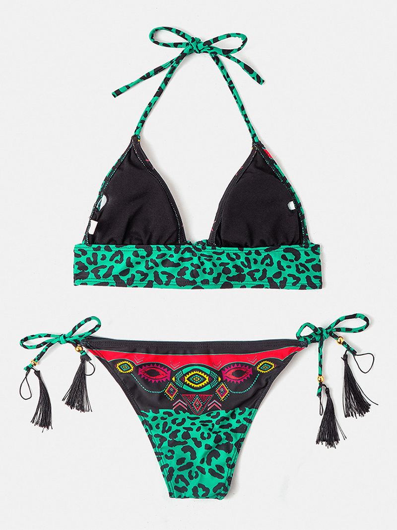 Kvinder Leopard Patchwork Etnisk Med Tryk Halter String Bikini Rygløst Badetøj