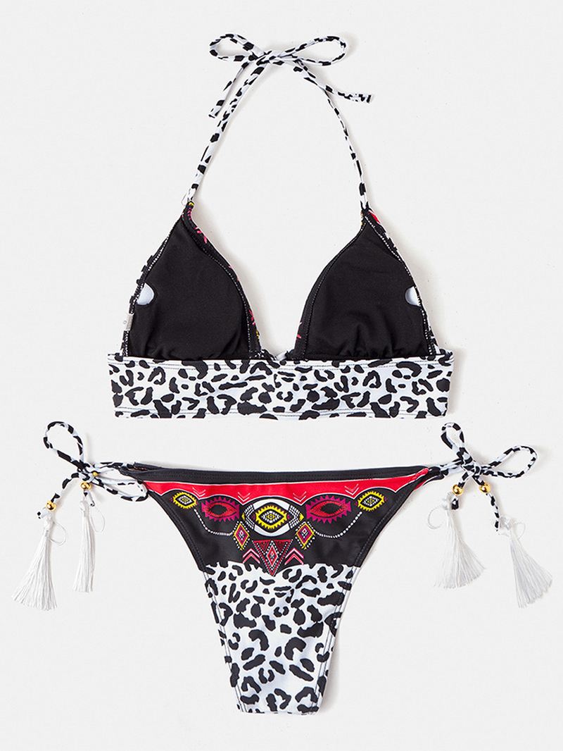 Kvinder Leopard Patchwork Etnisk Med Tryk Halter String Bikini Rygløst Badetøj