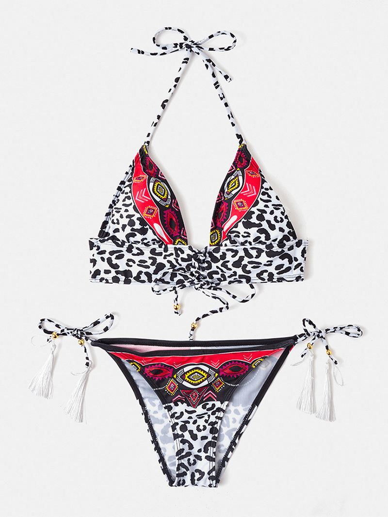 Kvinder Leopard Patchwork Etnisk Med Tryk Halter String Bikini Rygløst Badetøj