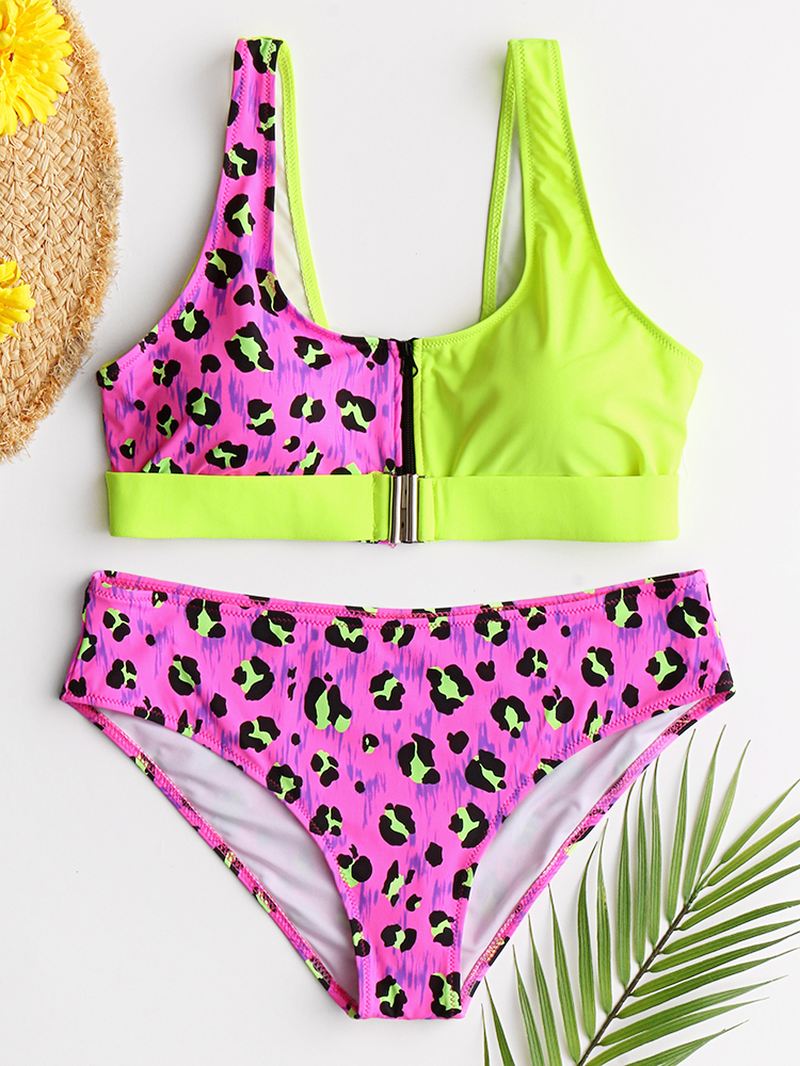 Kvinder Leopard Patchwork Front Lynlås Bikini Rygløst Badetøj