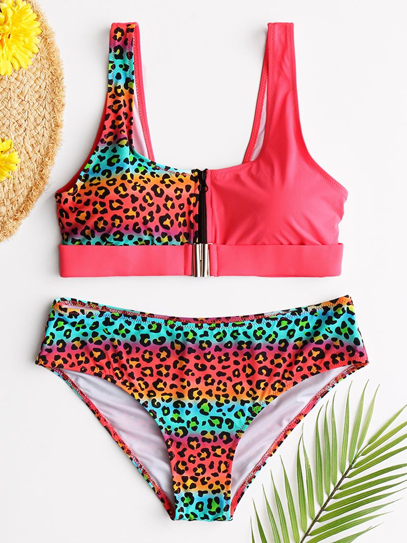 Kvinder Leopard Patchwork Front Lynlås Bikini Rygløst Badetøj