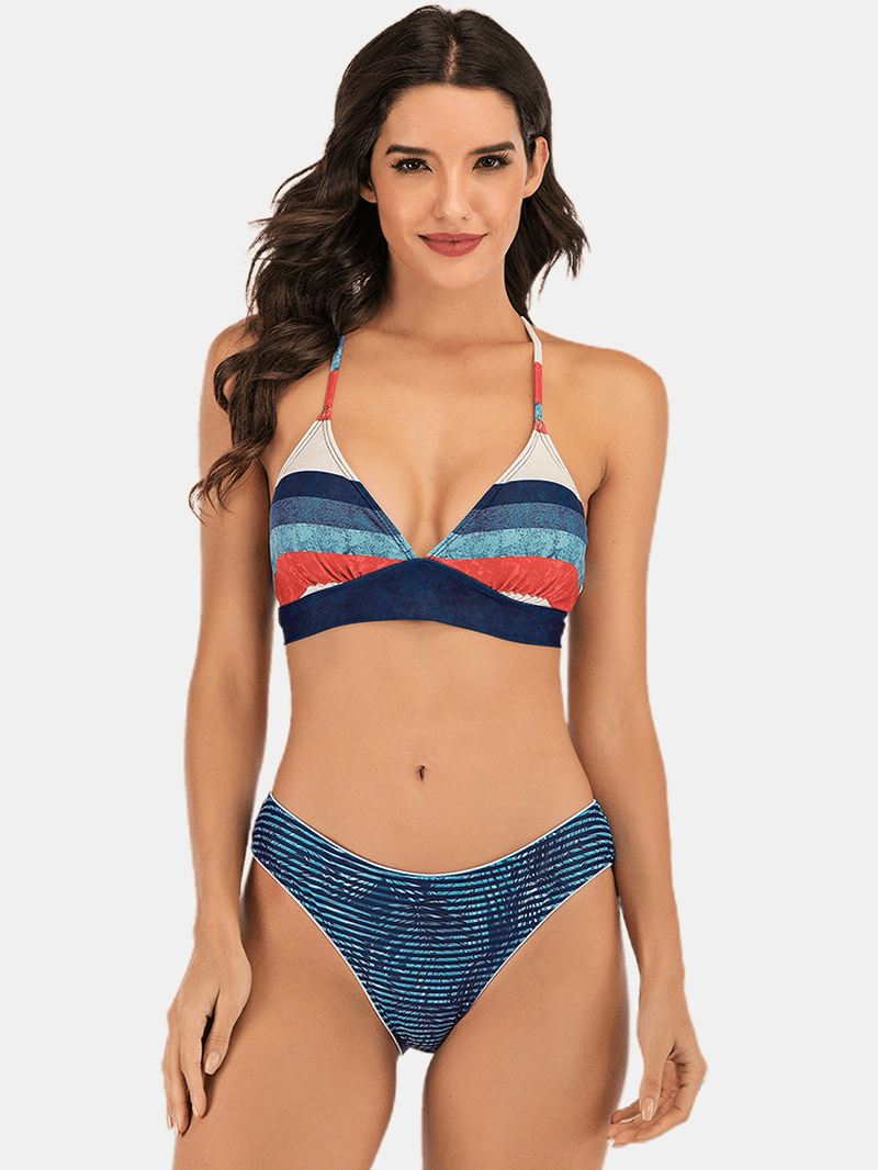 Kvinder Multi-color Stribet Trekant Rygløs Badedragt Bikini