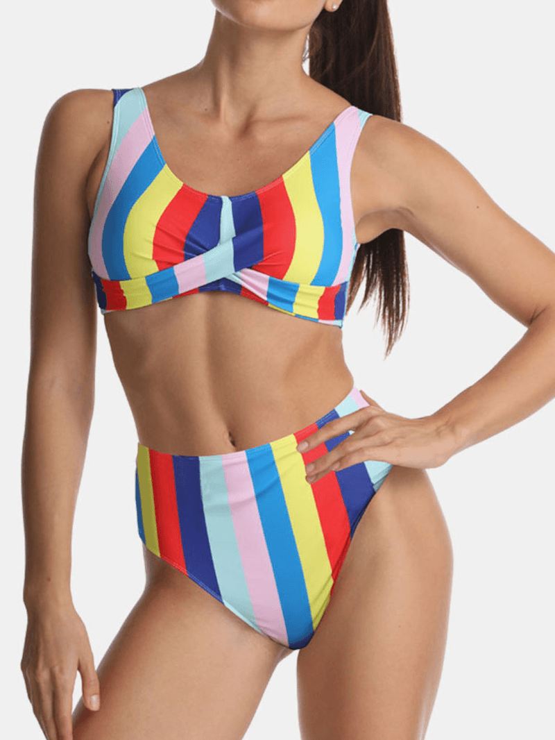 Kvinder Multicolor Stripe Fold Plisseret Brede Stropper Højtaljede Bikinier Badedragt