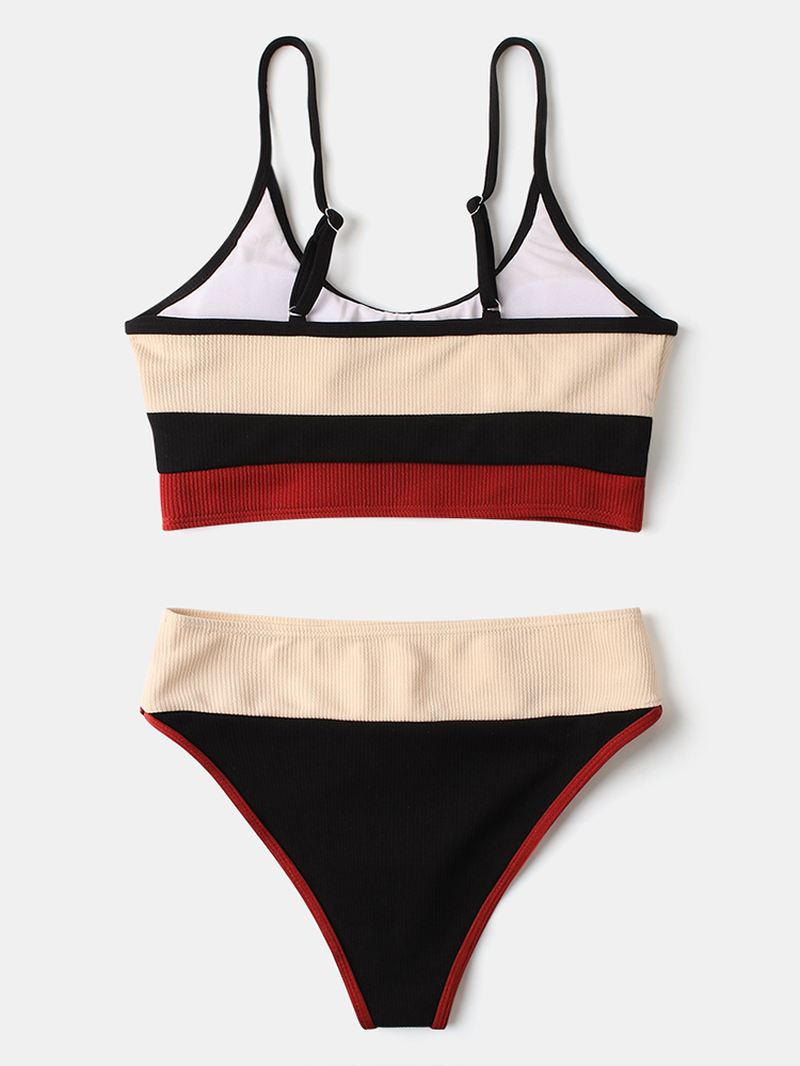 Kvinder Stripe Patchwork High Waist Bikini Rygløst Beachwear