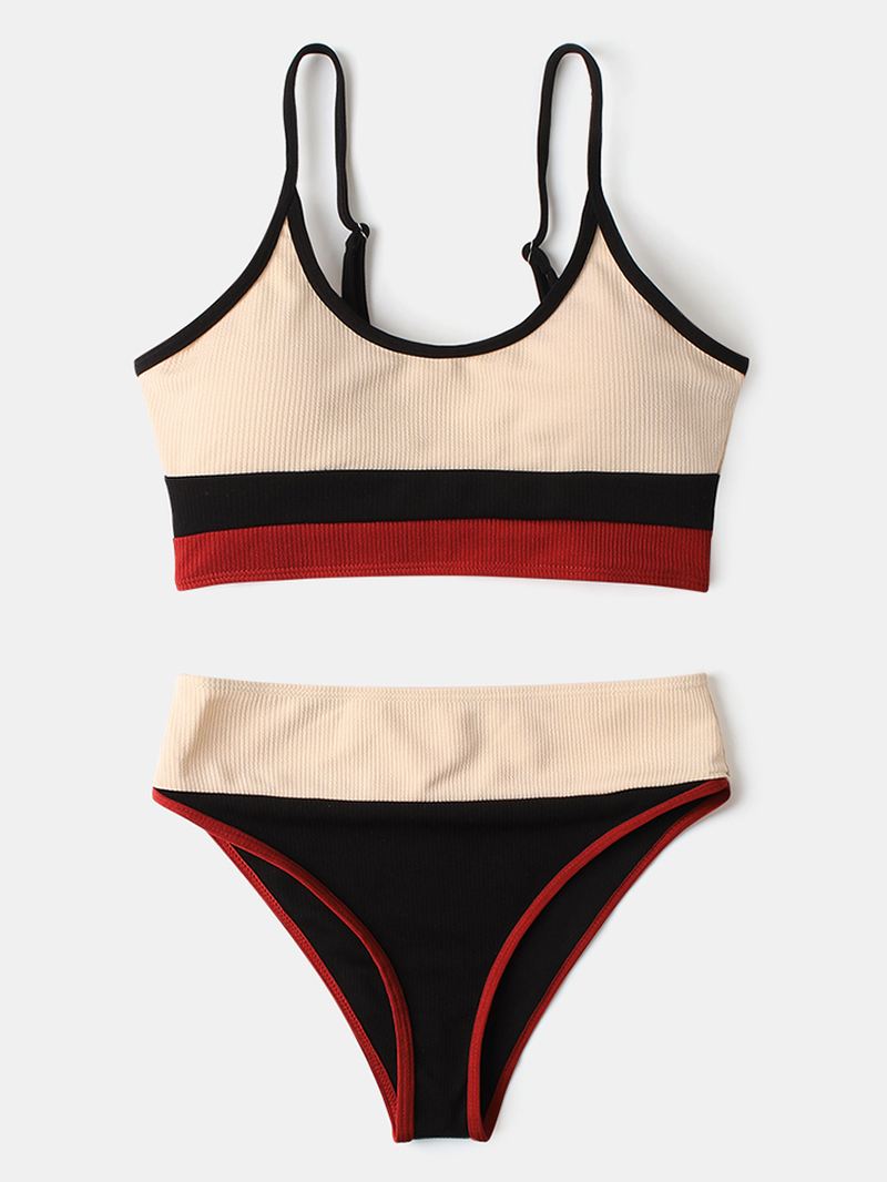 Kvinder Stripe Patchwork High Waist Bikini Rygløst Beachwear