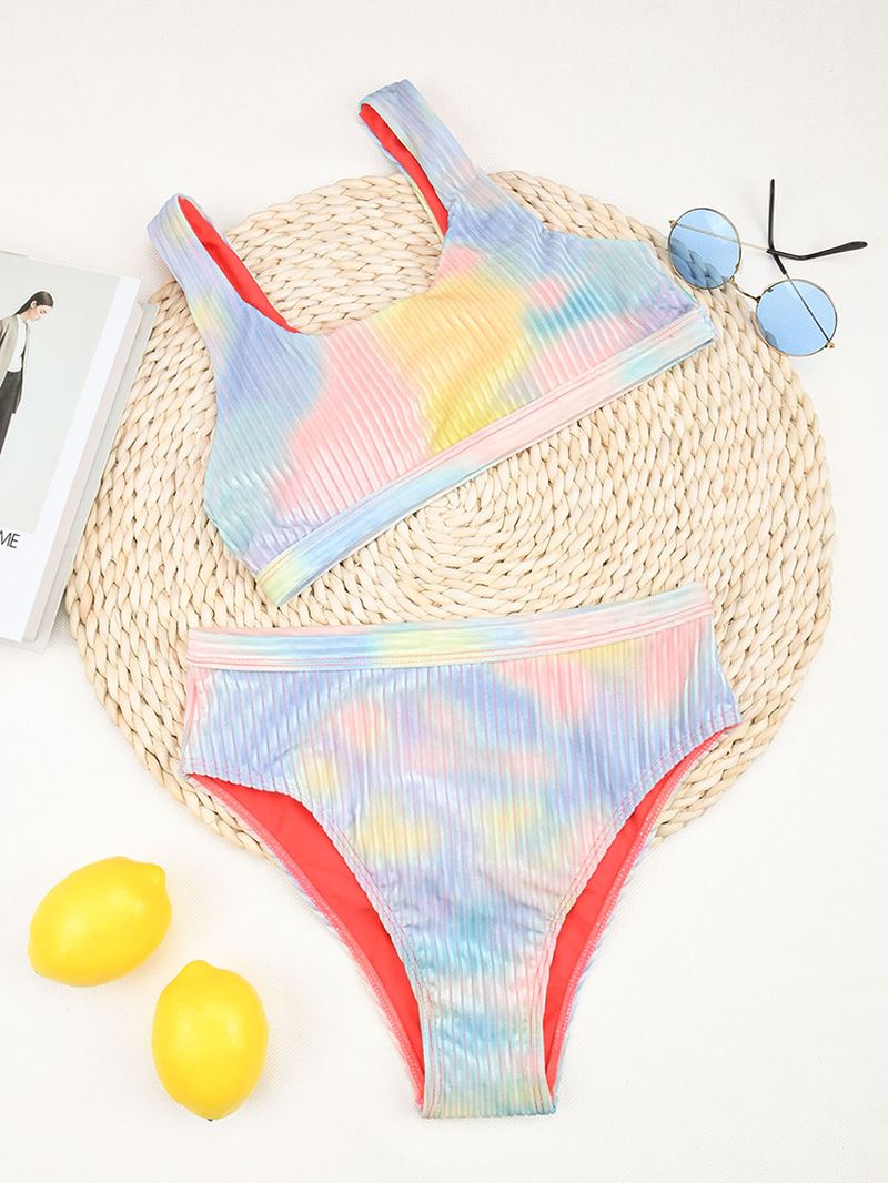 Kvinder Tie Dye Brede Skulderstropper Beach High Waist Bikini