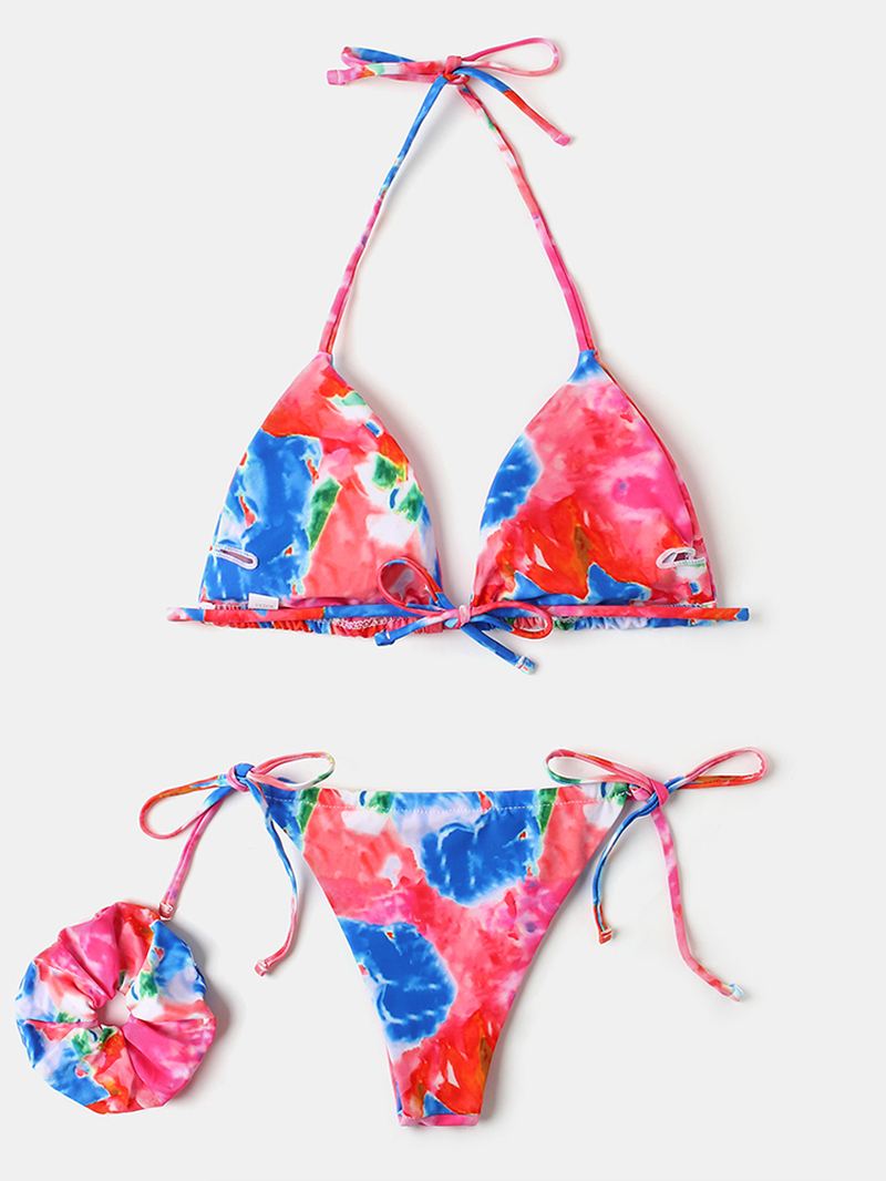 Kvinder Tie Dye Trekant Halter String Micro Bikinis Backles Beachwear Med Håndring