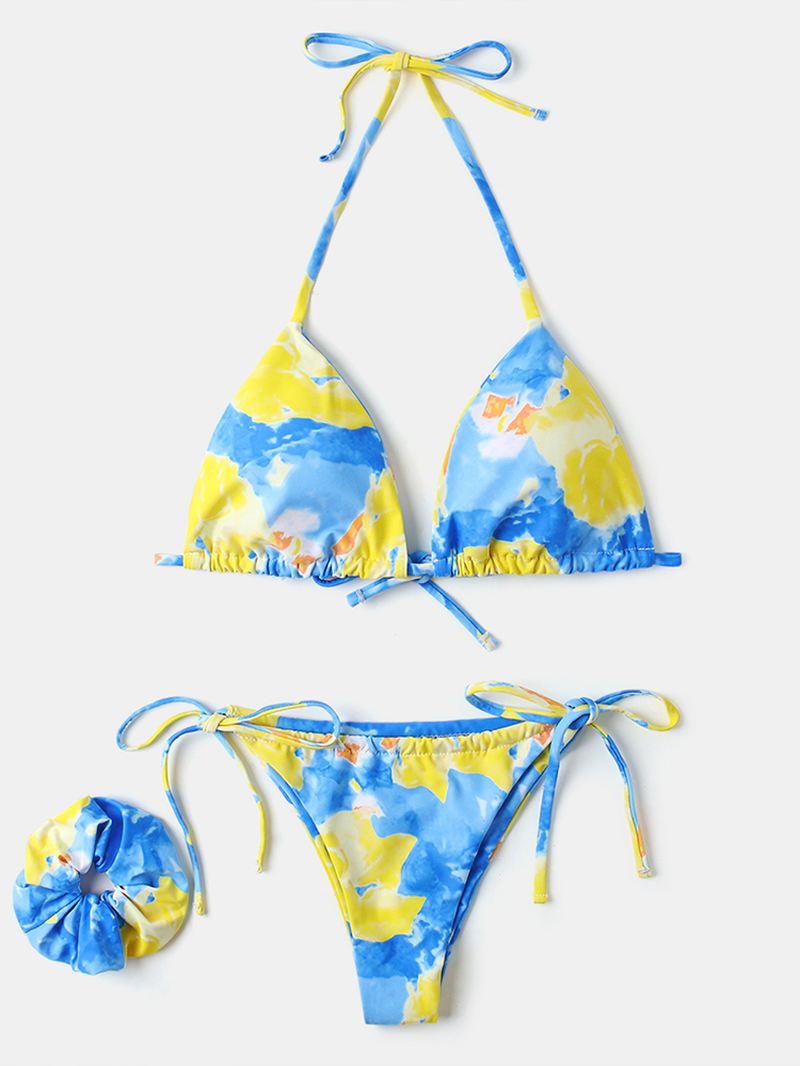 Kvinder Tie Dye Trekant Halter String Micro Bikinis Backles Beachwear Med Håndring