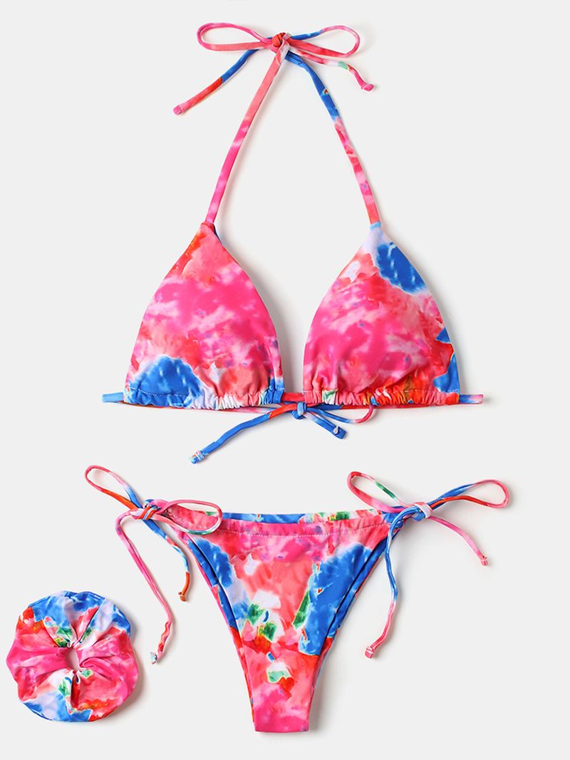 Kvinder Tie Dye Trekant Halter String Micro Bikinis Backles Beachwear Med Håndring