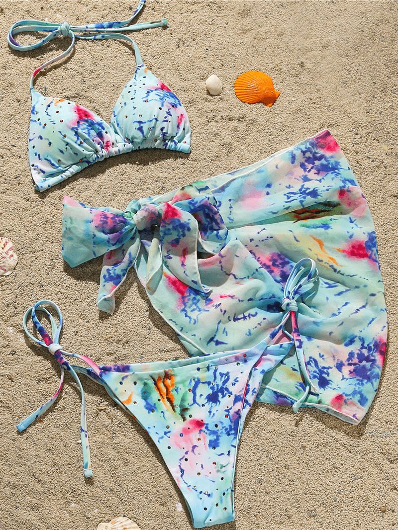 Kvinder Triangle Tie Dye Med Tryk Trim Bikini Med Cover-up Nederdel Tre-delt Sæt