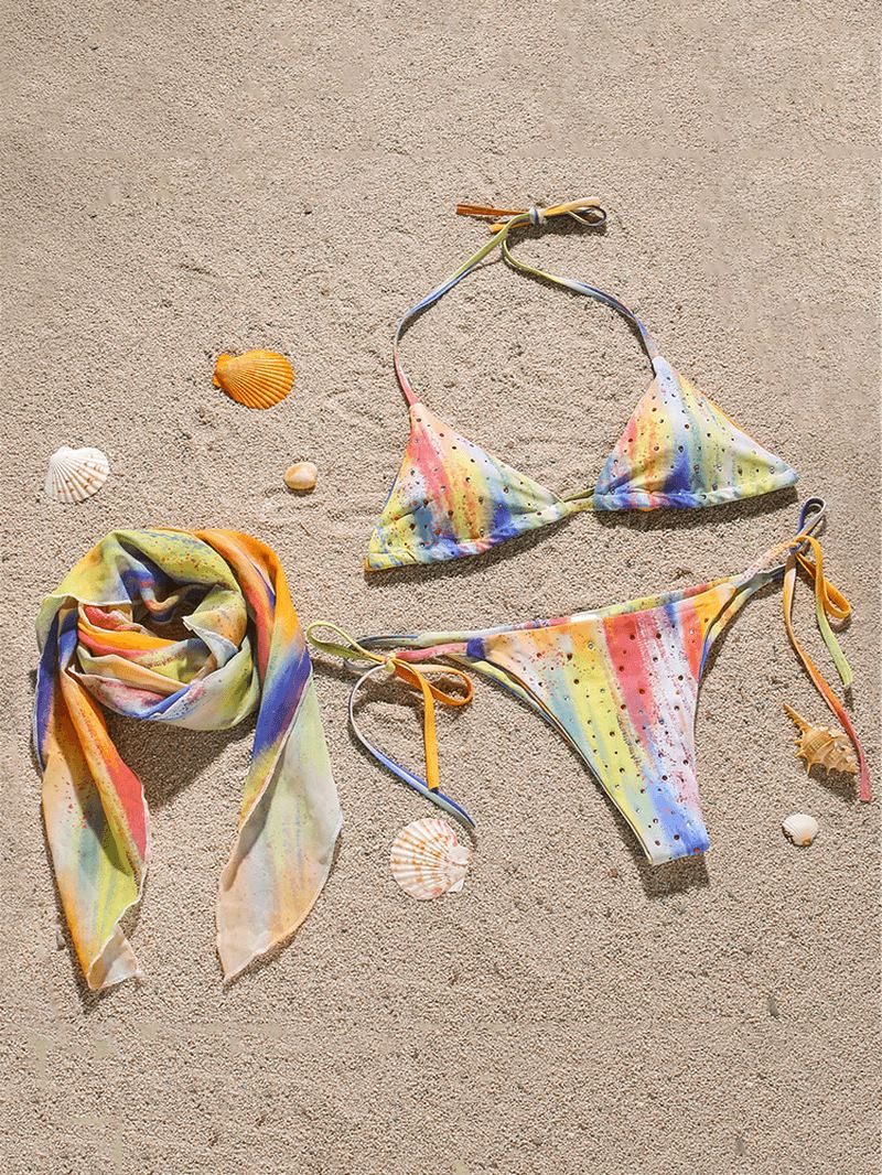 Kvinder Triangle Tie Dye Med Tryk Trim Bikini Med Cover-up Nederdel Tre-delt Sæt