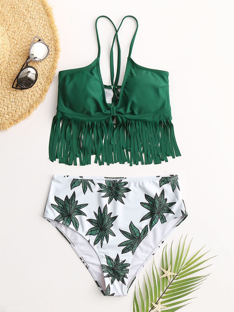 Kvinder Tropiske Plante Blade Udskriv Kvast Trim High Waist Bikini Bandage Hawaii Casual Badetøj