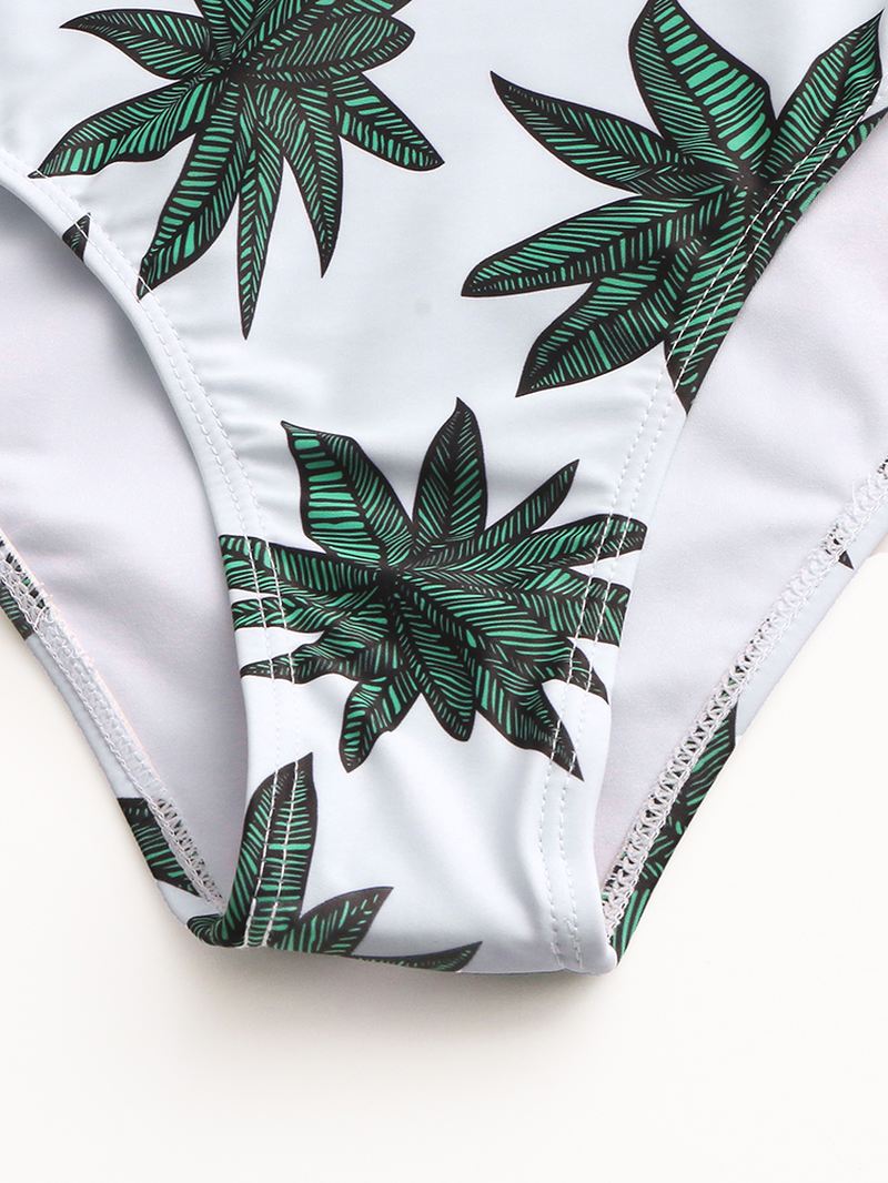 Kvinder Tropiske Plante Blade Udskriv Kvast Trim High Waist Bikini Bandage Hawaii Casual Badetøj