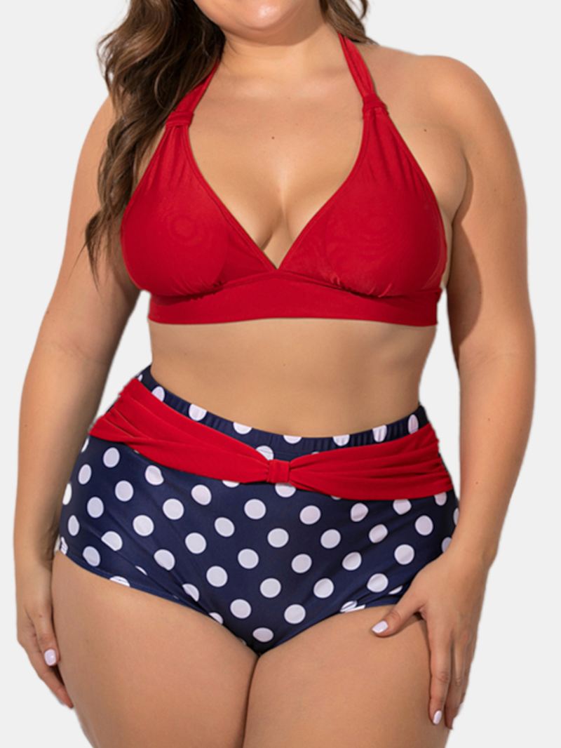 Plus Size Halter Snøre-up Højtalje Polka Dot Bottoms Bikini