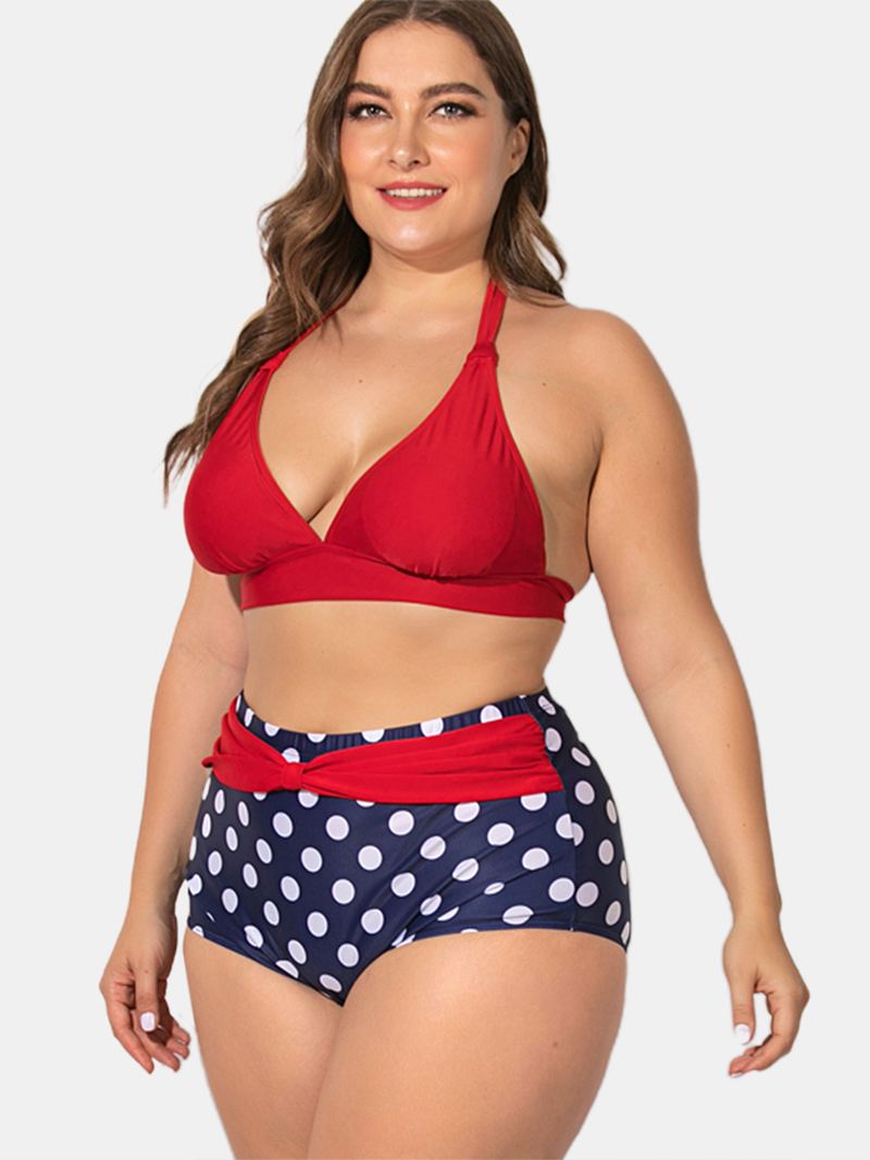 Plus Size Halter Snøre-up Højtalje Polka Dot Bottoms Bikini