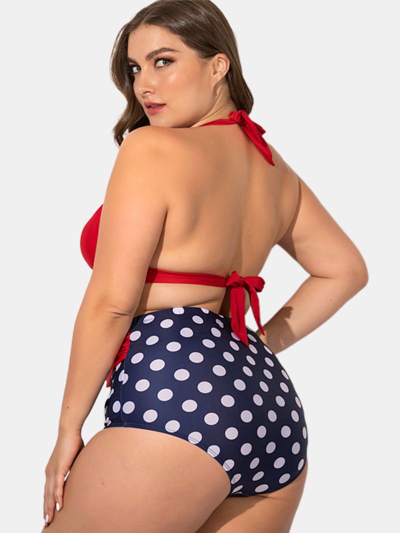 Plus Size Halter Snøre-up Højtalje Polka Dot Bottoms Bikini