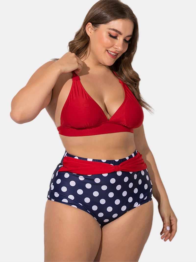 Plus Size Halter Snøre-up Højtalje Polka Dot Bottoms Bikini