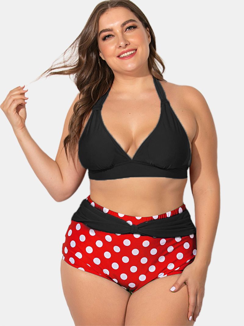 Plus Size Halter Snøre-up Højtalje Polka Dot Bottoms Bikini