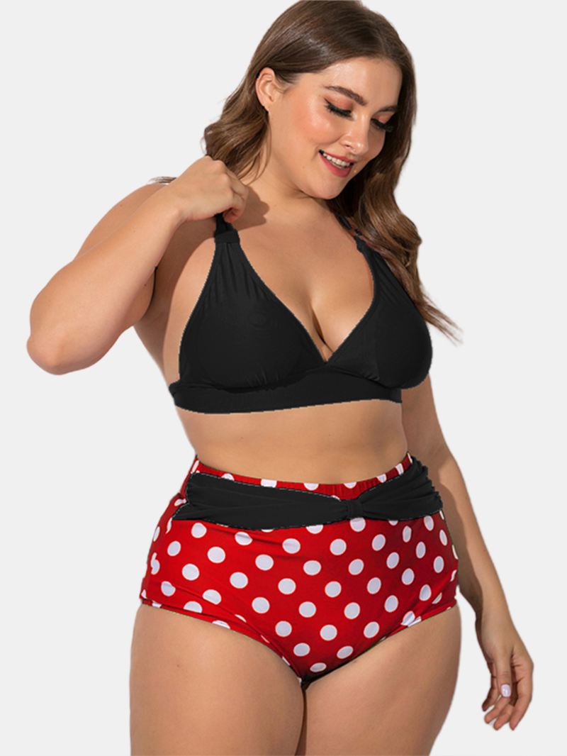 Plus Size Halter Snøre-up Højtalje Polka Dot Bottoms Bikini