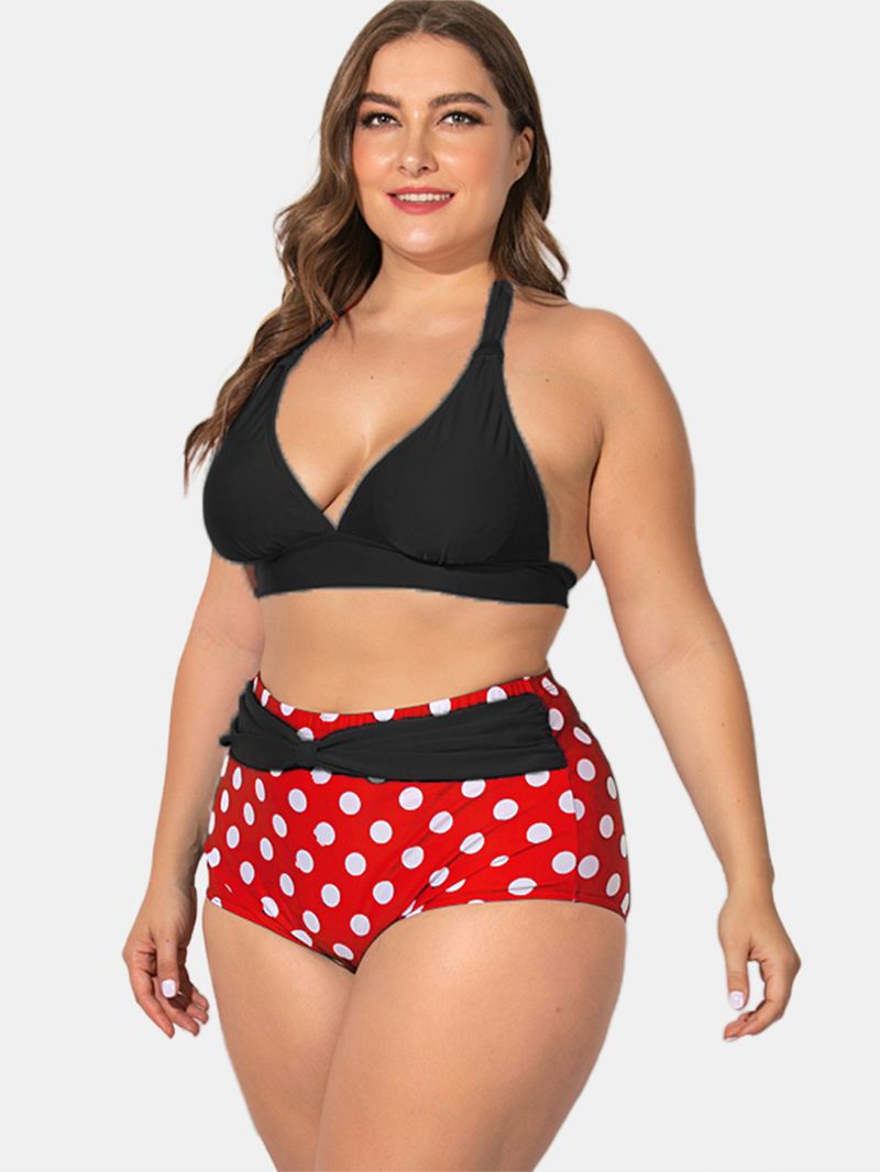 Plus Size Halter Snøre-up Højtalje Polka Dot Bottoms Bikini