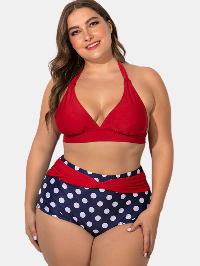 Plus Size Halter Snøre-up Højtalje Polka Dot Bottoms Bikini