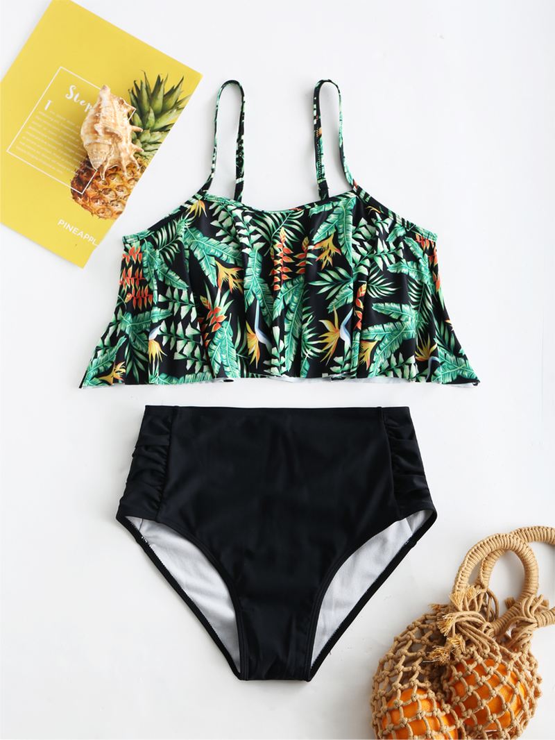 Plus Size High Waist Flora Printet Spaghetti Strap Rygfri Bikinier Badetøj