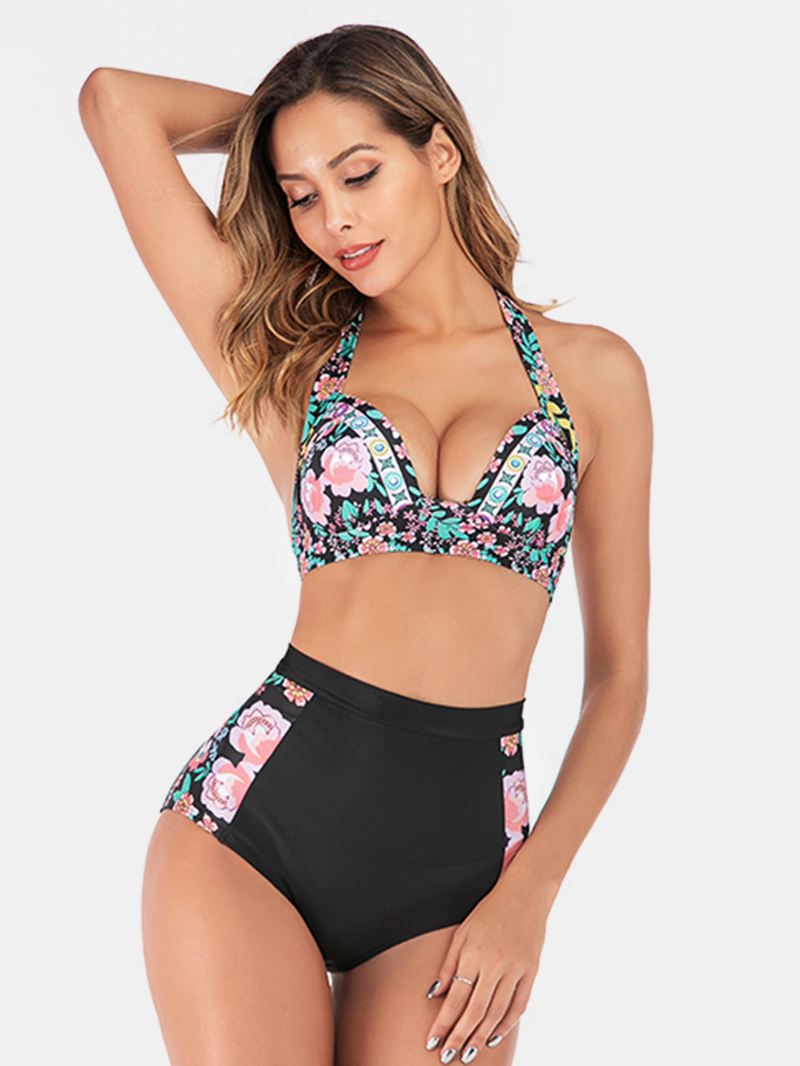 Plus Size Kvinder Floeal Med Tryk Patchwork High Waist Bikini Rygløst Badetøj