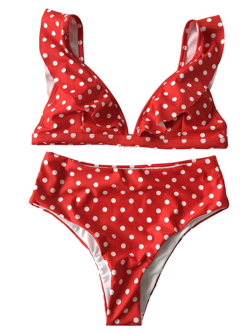 Polka Dot Flæsede Polstrede Toppe Bikinisæt Med Høj Talje Bund