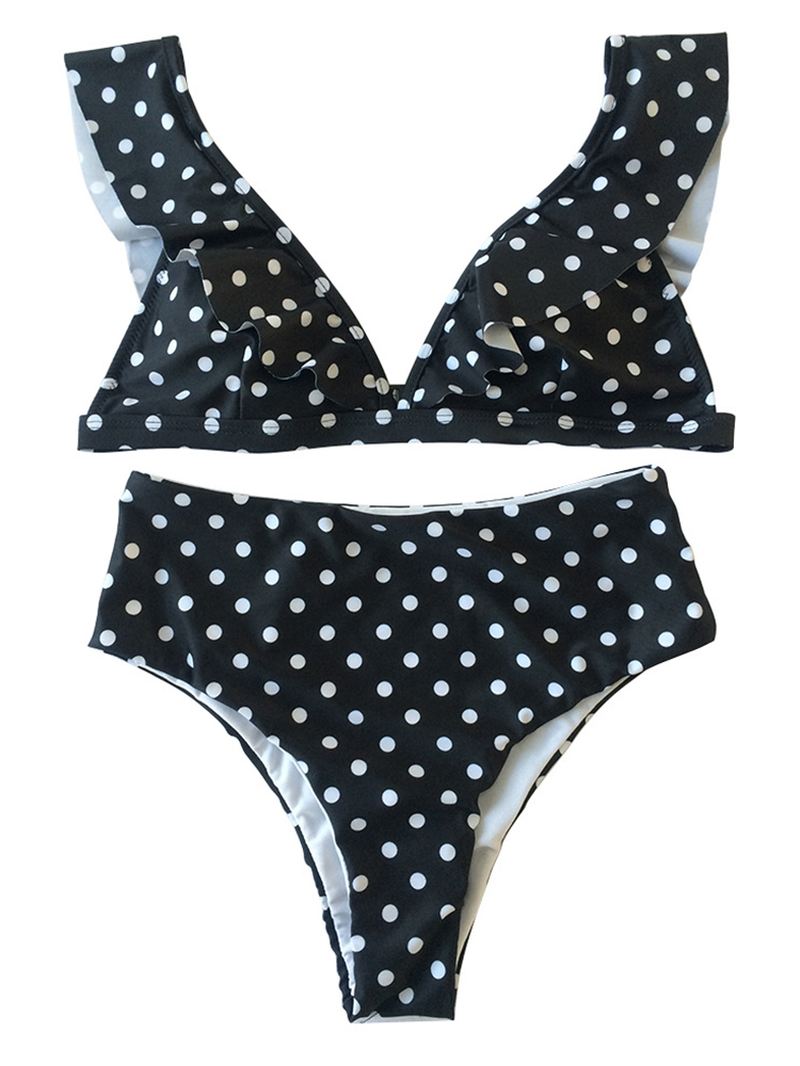 Polka Dot Flæsede Polstrede Toppe Bikinisæt Med Høj Talje Bund