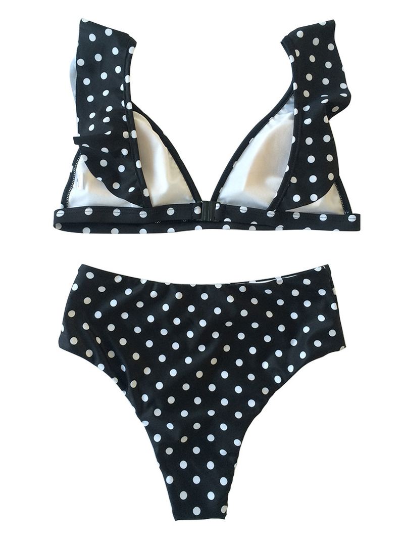 Polka Dot Flæsede Polstrede Toppe Bikinisæt Med Høj Talje Bund