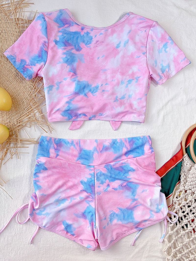 Tie Dye Kortærmede Knyttet Top Side Shorts Med Snoretræk Ferie Casual Højtalje Kvinder Bikini