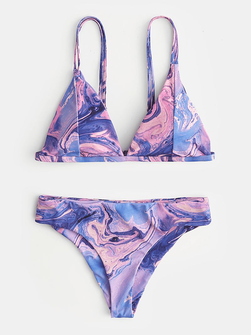 Tie-dye Med Tryk Bikini Spaghetti Straps Rygfri Trekantet Badedragt Strandtøj