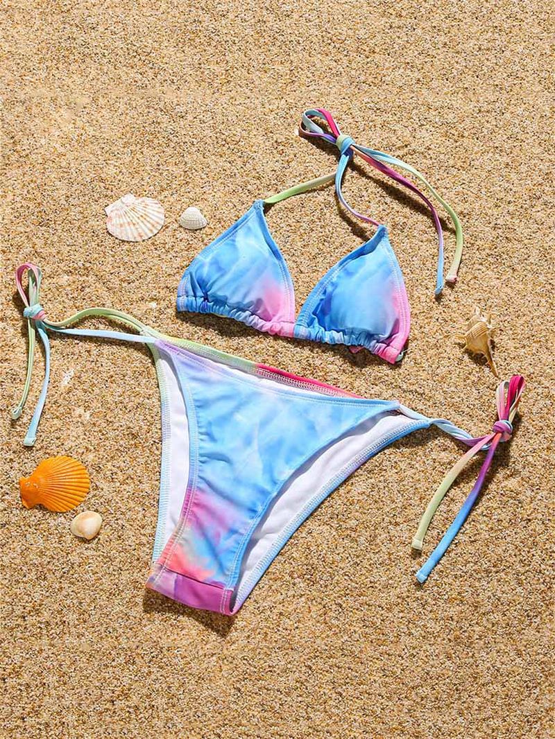 Tie Dye Med Tryk Halter String Bikini Med Langærmet Cover Up Tre-delt Sæt