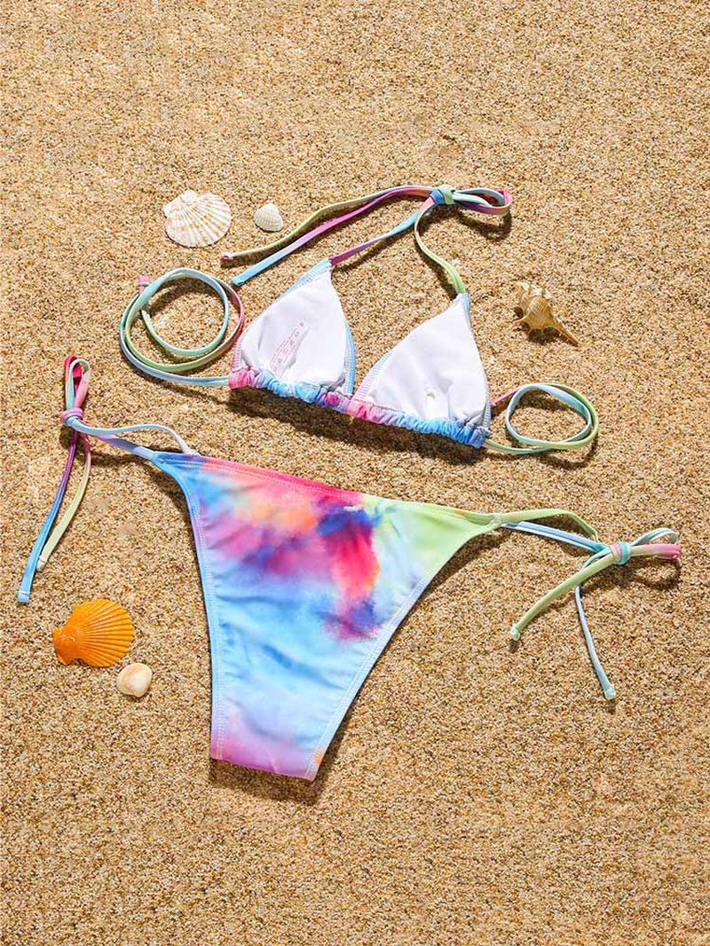 Tie Dye Med Tryk Halter String Bikini Med Langærmet Cover Up Tre-delt Sæt