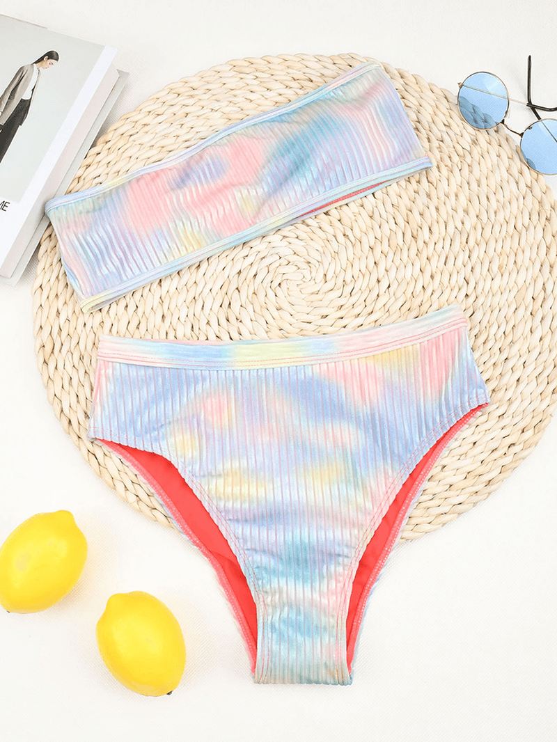 Tie Dye Med Tryk Ribbet Wireless Bandeau High Waist Bikini