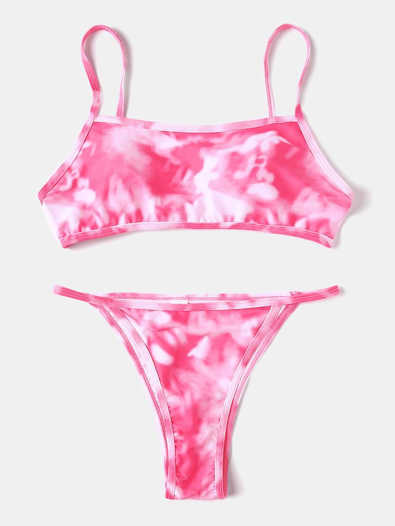 Tie Dye Med Tryk Thong Bikini Spaghetti Straps Rygløs Badedragt