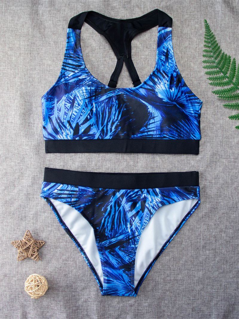 Tropical Leaf Med Tryk Criss Cross Ryg Brede Stropper Højtalje Sommer Beach Bikinier Badetøj