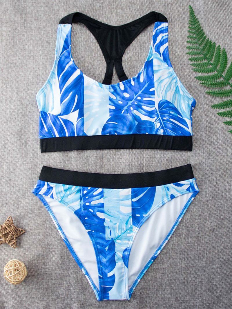 Tropical Leaf Med Tryk Criss Cross Ryg Brede Stropper Højtalje Sommer Beach Bikinier Badetøj