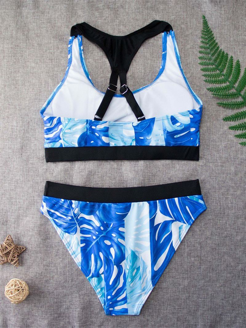 Tropical Leaf Med Tryk Criss Cross Ryg Brede Stropper Højtalje Sommer Beach Bikinier Badetøj