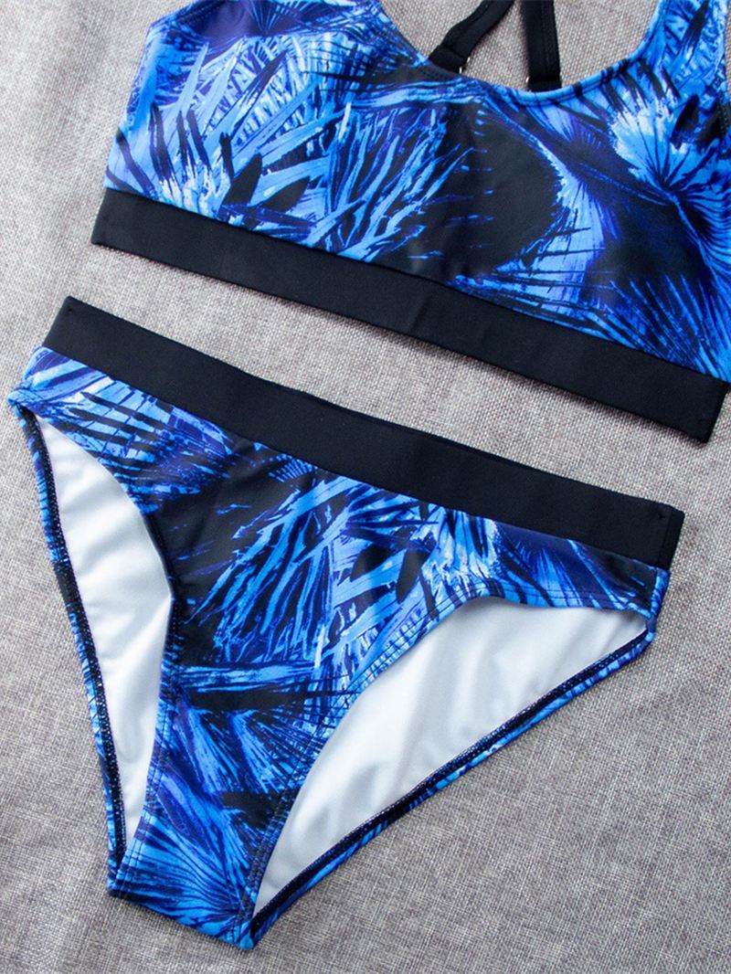 Tropical Leaf Med Tryk Criss Cross Ryg Brede Stropper Højtalje Sommer Beach Bikinier Badetøj