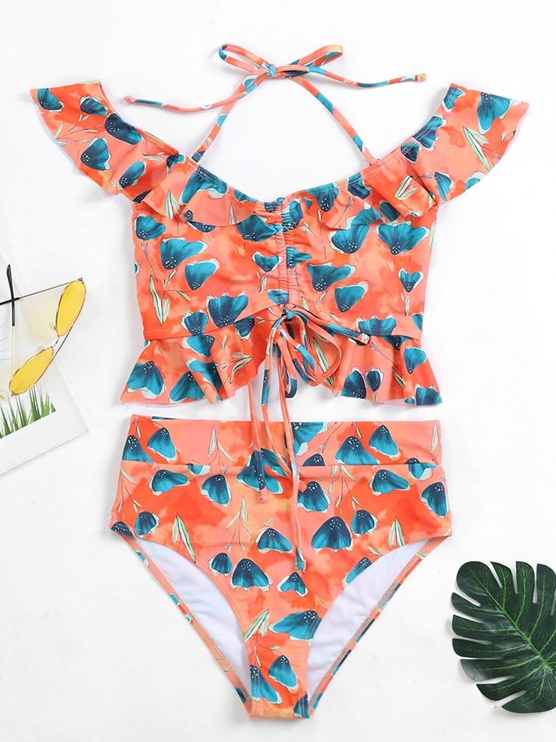 Tropical Leaf Med Tryk Halter Flæser Trim Snøre Højtalje Hawaii Bikini Til Kvinder