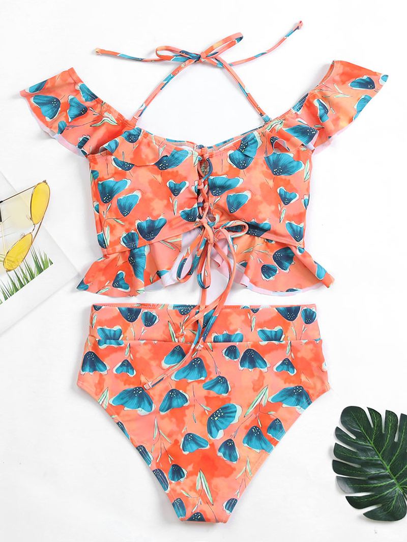 Tropical Leaf Med Tryk Halter Flæser Trim Snøre Højtalje Hawaii Bikini Til Kvinder