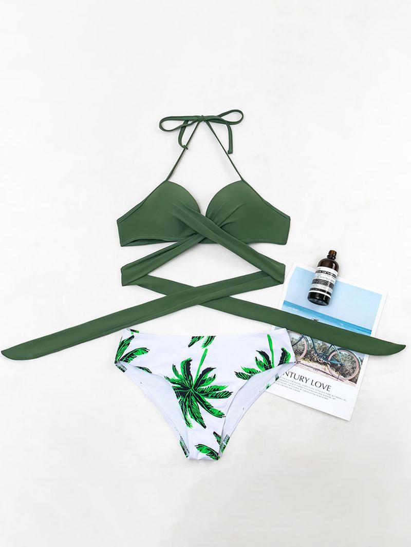 Tropical Leaf Med Tryk Halter String Bandage Højtalje Kvinder Beach Bikini