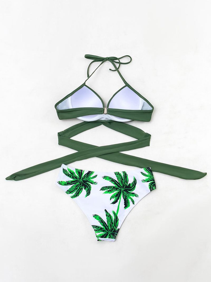 Tropical Leaf Med Tryk Halter String Bandage Højtalje Kvinder Beach Bikini