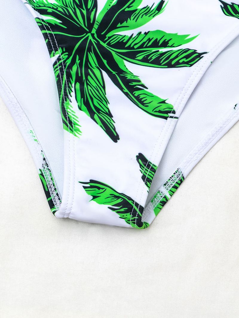 Tropical Leaf Med Tryk Halter String Bandage Højtalje Kvinder Beach Bikini