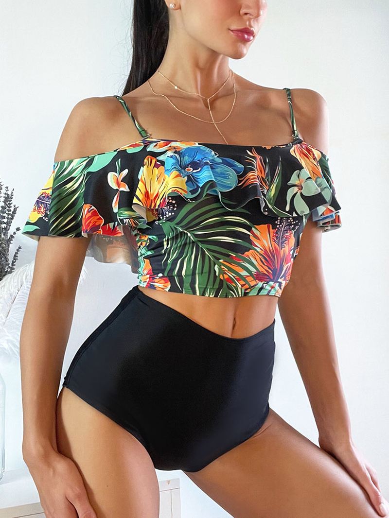 Tropical Plant Med Tryk Flæse Spaghetti Straps Højtaljede Bikinier Dame Badedragt