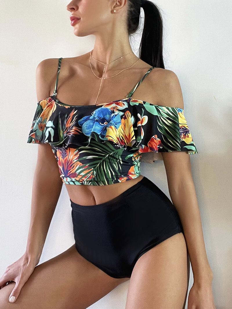 Tropical Plant Med Tryk Flæse Spaghetti Straps Højtaljede Bikinier Dame Badedragt