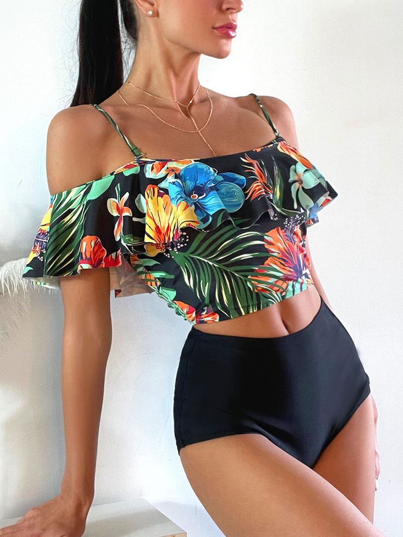 Tropical Plant Med Tryk Flæse Spaghetti Straps Højtaljede Bikinier Dame Badedragt